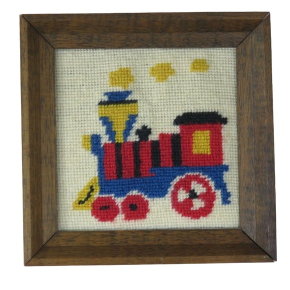 Train Engine Needlepoint Finished Framed Embroidery Triptych Effect Vintage - Picture 4 of 9